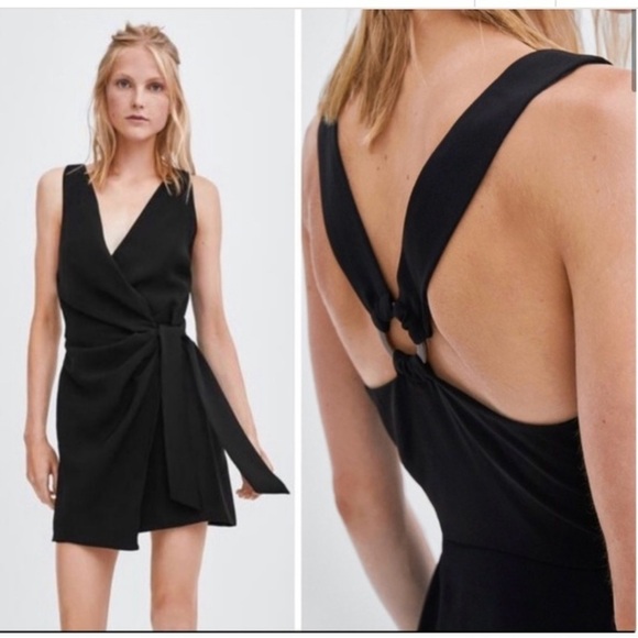 Zara Surplice Wrap Dress Tortoise Shell O-Ring Dress In Black Size Small - Picture 1 of 8